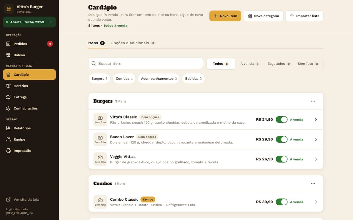 Tela do cardápio no painel, com a chave que marca o item como esgotado.