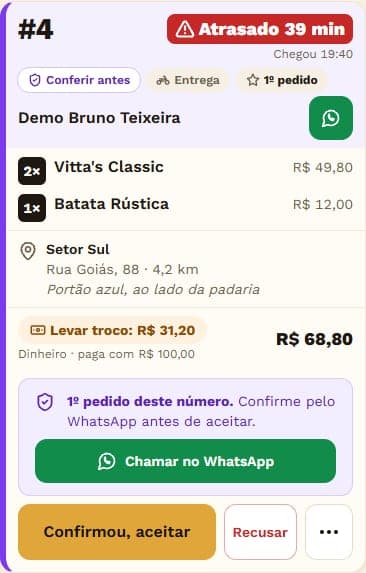 Cartão de um pedido novo: cliente, itens, endereço com distância, pagamento e os botões de aceitar e recusar.