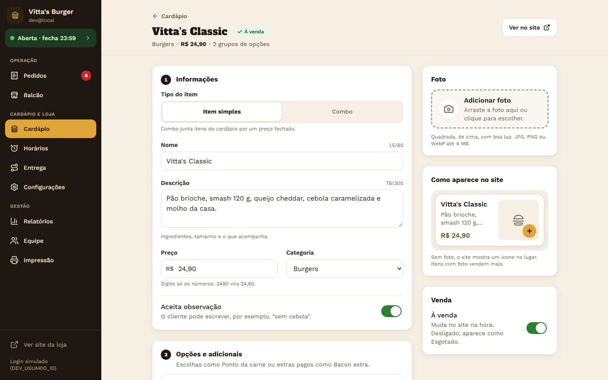 Tela de um item do cardápio, com o cartão Foto e a prévia de como fica no site.