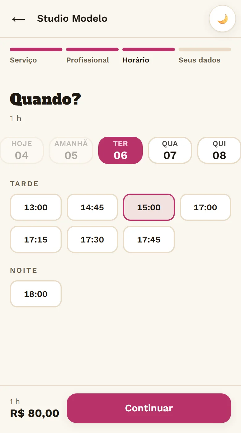 Tela de escolha de horário do salão de demonstração: os dias da semana numa faixa e os horários livres separados em manhã e tarde.