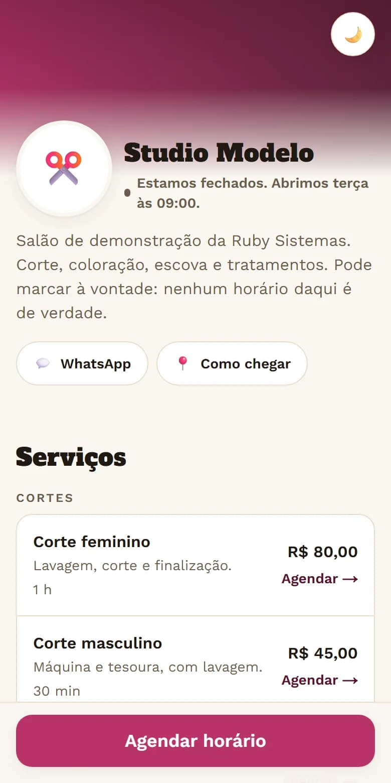 Site do salão de demonstração no celular, com os serviços, os preços e o botão Agendar horário.