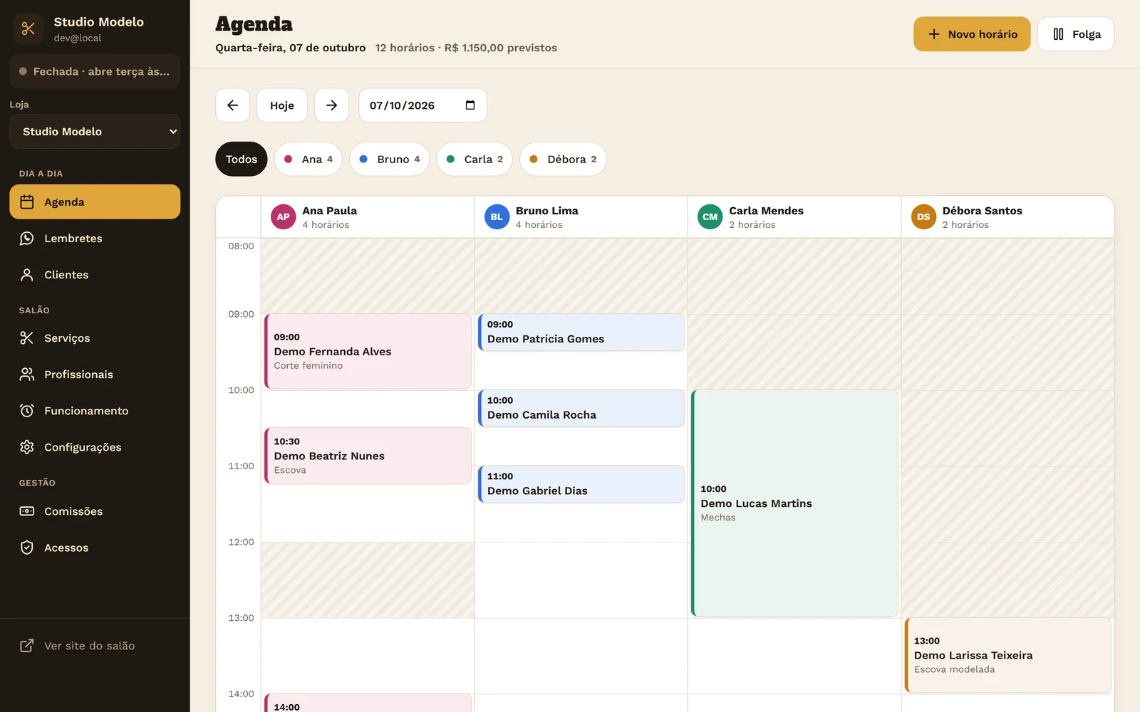 Agenda do dia no painel do salão de demonstração: uma coluna por profissional, os horários marcados em blocos coloridos e as folgas em listras.